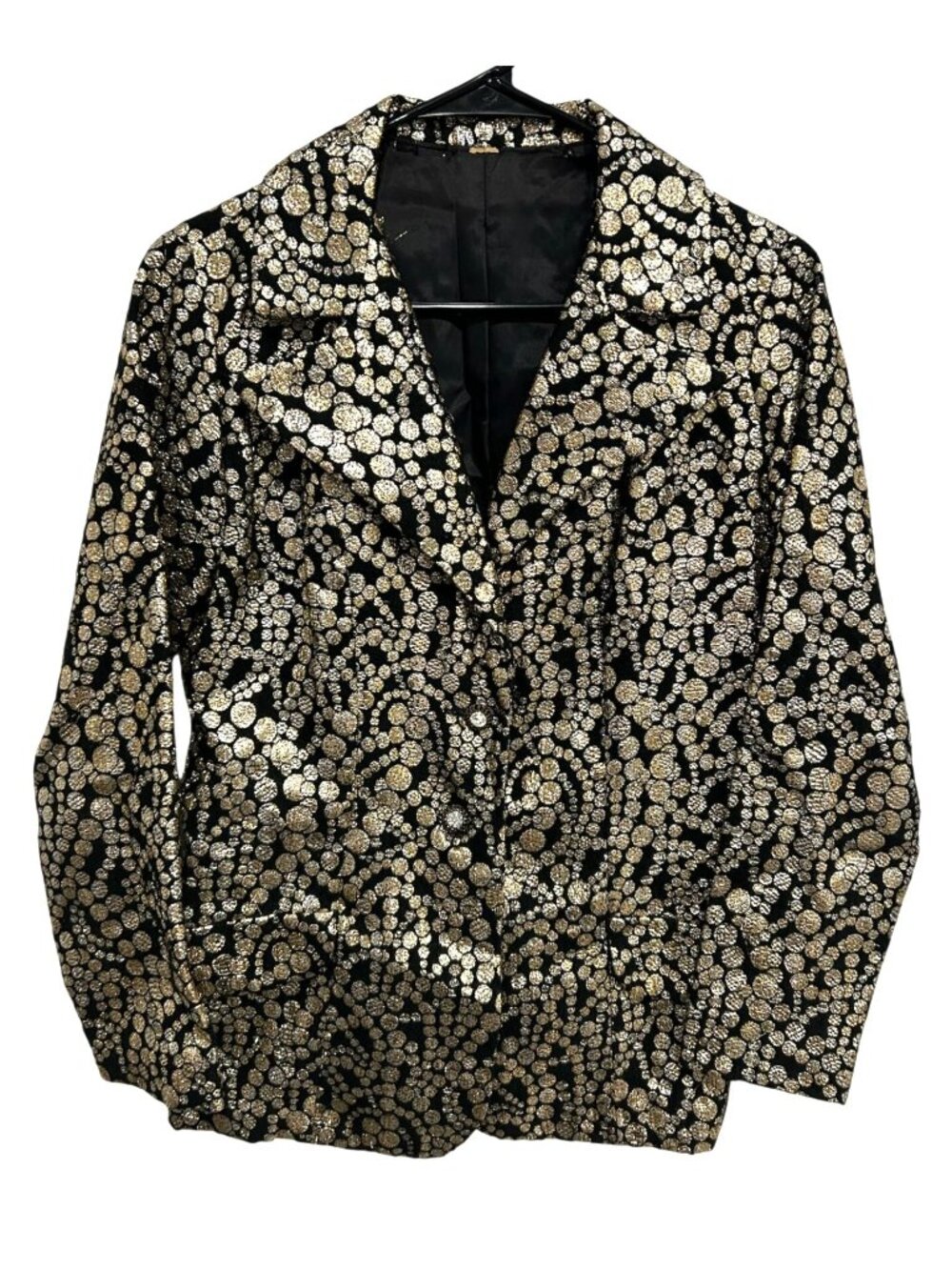 Textured Black Gold Metallic Polka Dot Blazer Rhinestone Button Old Money